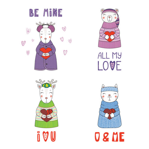 ilustrações de stock, clip art, desenhos animados e ícones de cute animals holding hearts - sweater cardigan isolated white background