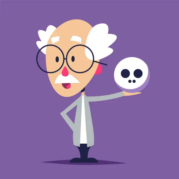 Vector illustration of Crazy professor holding a skull.