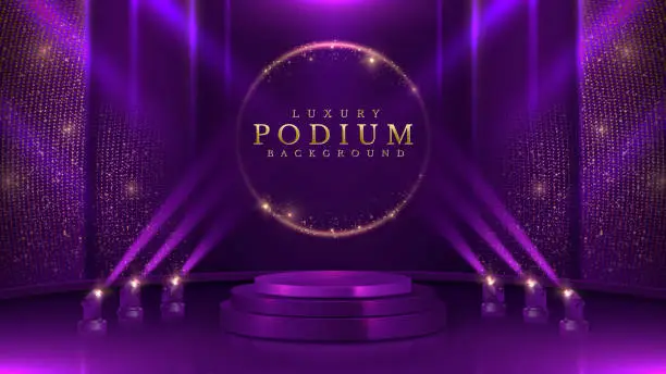 Vector illustration of Empty violet podium with spotlight effects and gold bokeh decorations. Luxury scene design concept. Vector illustrations.