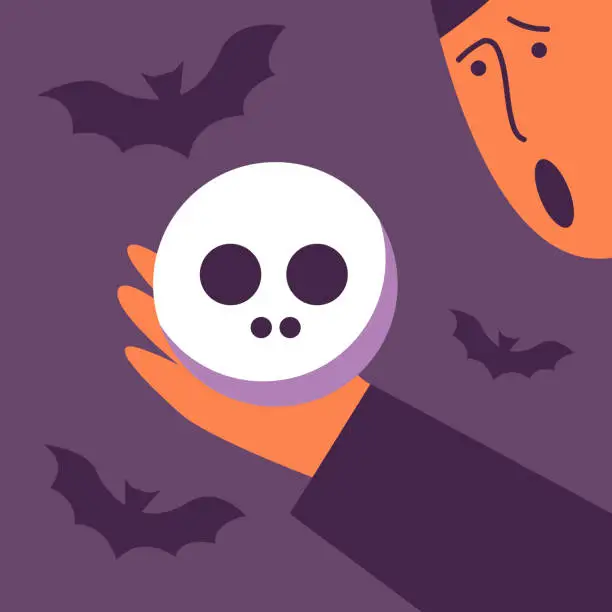 Vector illustration of Scared guy holding a skull in his hand.