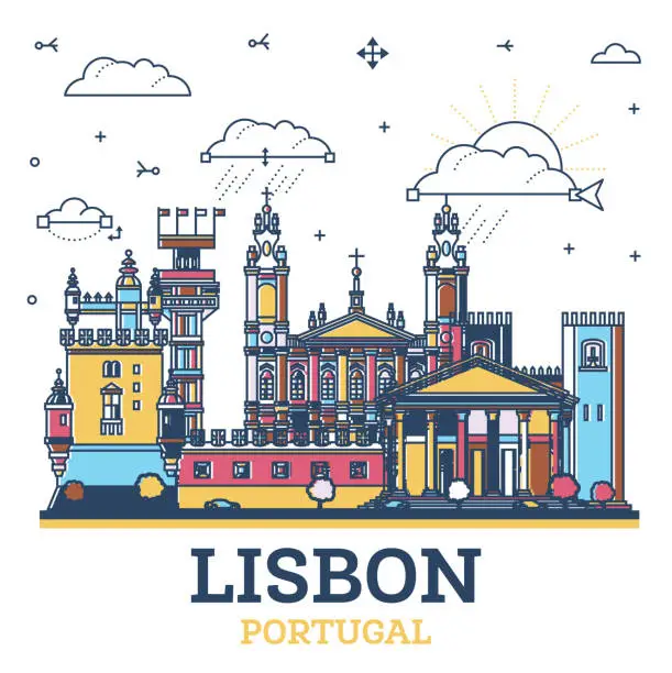 Vector illustration of Outline Lisbon Portugal city skyline with colored modern and historic buildings isolated on white. Lisbon cityscape with landmarks.