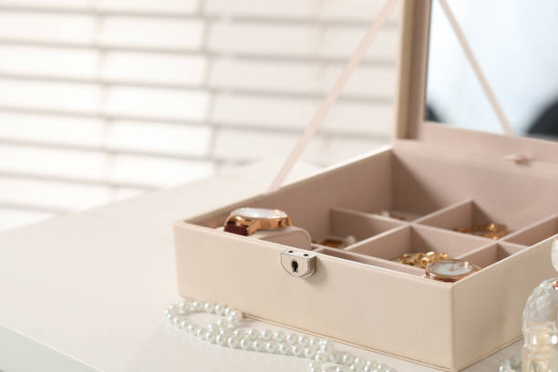istock Jewelry box with many different accessories on white table, closeup. Space for text 1928965639