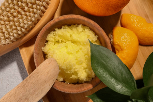 istock Flat lay composition with natural body scrub on light table. Anti cellulite treatment 1928990778