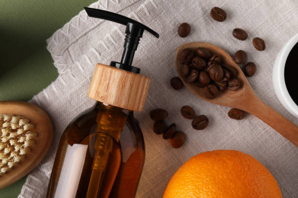 istock Flat lay composition with cosmetic product and fresh ingredients on olive background. Anti cellulite treatment 1928994379