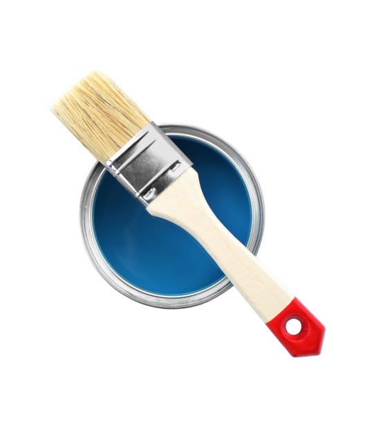 istock Can of blue paint with brush isolated on white, top view 1929002175