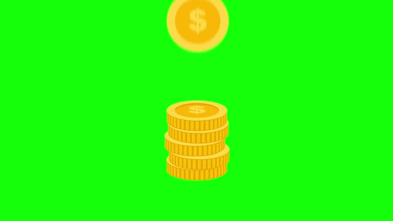 finance and money saving concept, coin falling animation green screen