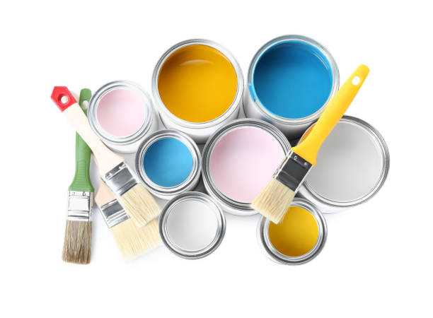 istock Cans of colorful paints and brushes isolated on white, top view 1929002221
