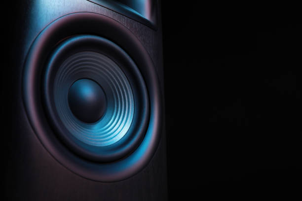 istock One sound speaker on black background, closeup. Space for text 1929008061