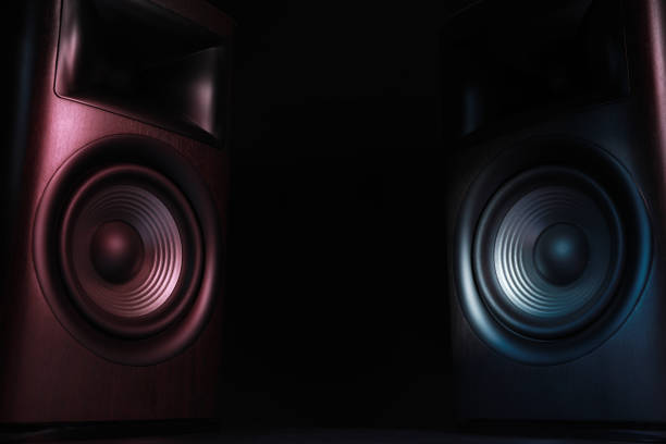 istock Modern sound speakers in neon light on black background. Space for text 1929008589
