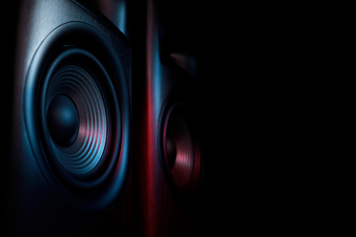 large speaker with two speakers on a gray-blue background close-up.