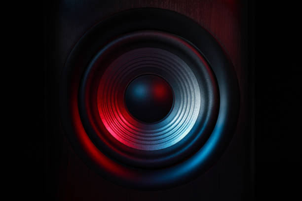 istock One sound speaker in neon light on black background, closeup 1929009626