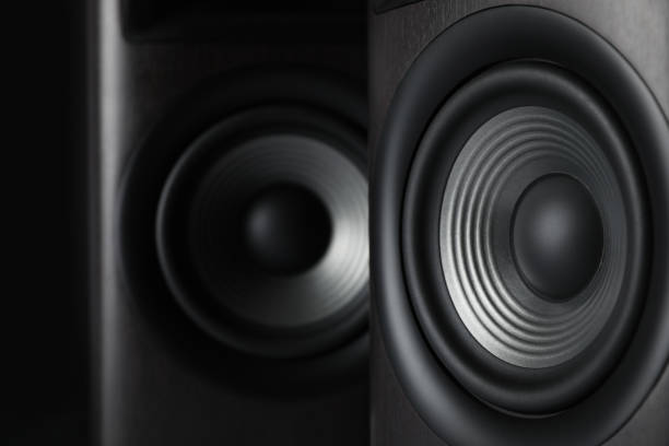 istock Modern sound speakers on black background, closeup 1929010139