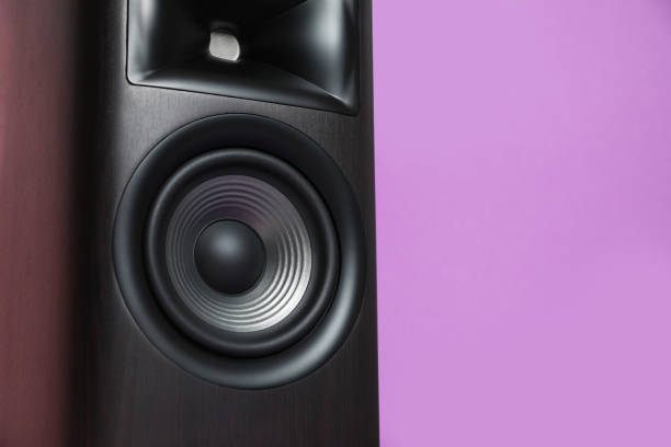 istock One wooden sound speaker on color background, closeup. Space for text 1929011679