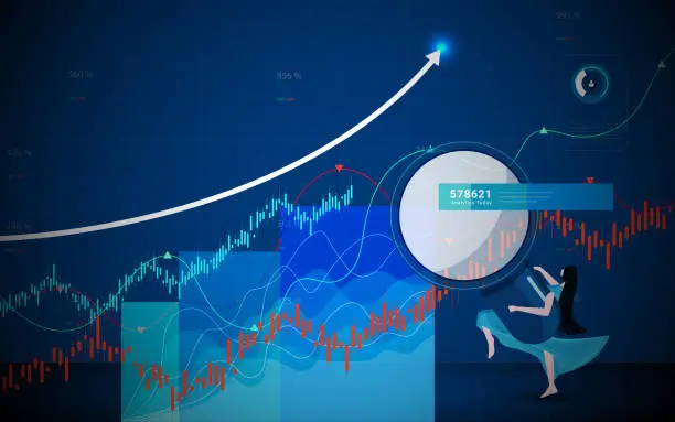 Vector illustration of Business woman Analyzing stock market data