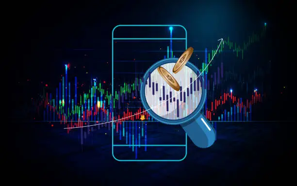 Vector illustration of Stock Market Investing and Analysis, Stock Selection Tips Analysis, Global Stock Market Forecasts with a magnifying glass analyzing global stock market data on his smartphone