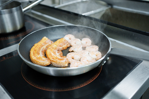 Cooking Shrimp and Thick Bacon