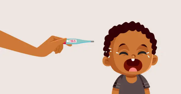 Vector illustration of Mother Using a Thermometer on Feverish Baby Crying Vector Medical Illustration