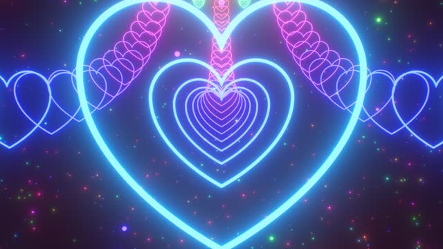 Fly Through Rainbow Neon Glowing Triple Heart Endless Wave 3D Tunnel - 4K Seamless VJ Loop Motion Background Animation