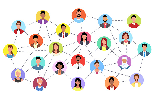 Social media networking. Network with people connected with each other. Isolated on white. Abstract vector concept for communication, teamwork, community, society, business and networking.