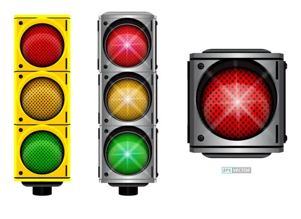 Vector illustration of set of realistic traffic light with flash light isolated. 3D Render