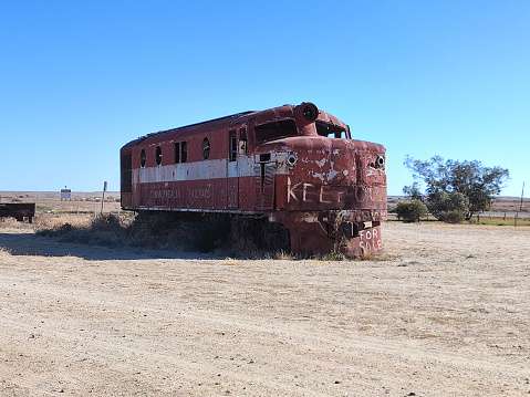 Old Ghan rusty locomotive abandoned in Marree, a small town in the desert environment of North-eastern part of South Australia.