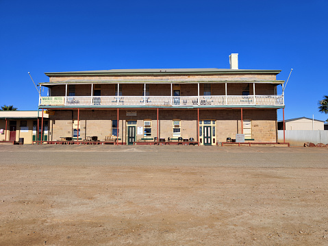 Old fashioned Marree Hotel, a classic outback hotel built in 1883 in Marree, a small town in the desert environment of North-eastern part of South Australia.