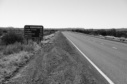 Mileage sign on the Outback Highway, the road from Hawker along the western side of the Flinders Ranges through Leigh Creek to Marree in South Australia.