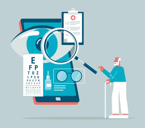 Vector illustration of Online Ophthalmic Touchscreen Application - Elderly man