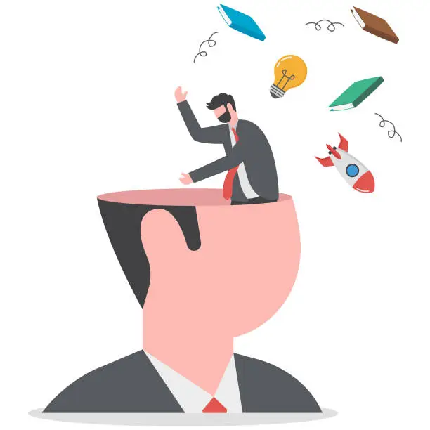 Vector illustration of Unlearn, forget wrong information or knowledge, erase or delete memory for free space to learn new things concept, businessman throw away books and knowledge from his brain open head.