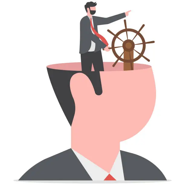 Vector illustration of Self control or leadership thinking for business decision or guidance to the right direction, motivation, mindset or consciousness concept, businessman leader control steering wheel helm on his head.