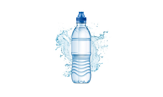 Plastic Water Bottle Mockup in Splash Water. 3D Rendering