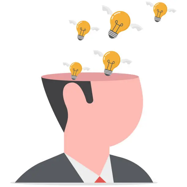 Vector illustration of Idea generation, develop new idea or solution to solve problem, thinking process to generate creativity or answer, learning or brainstorm concept, bright lightbulb ideas flying from genius human head.