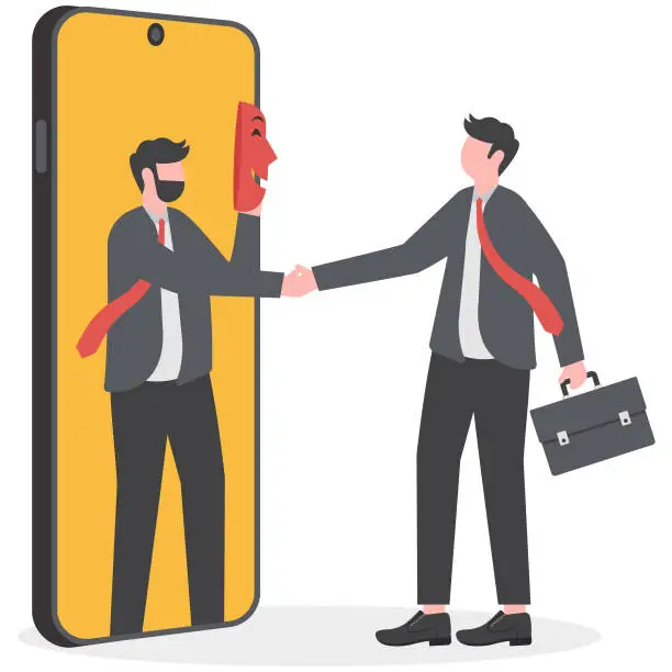 Vector illustration of Business fraud or betrayal. Businessman shaking hands with his partner hiding behind mask