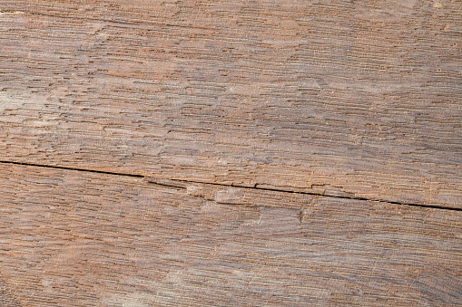 Close-up of a rustic natural wooden background featuring an old oak board with weathered cracks, displaying the unique textures and character of the aged wood.