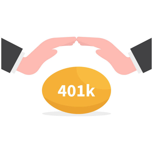 protect your 401k in economic crisis, retirement planning and investment, benefit from pension fund concept, businessman hand tenderly holding and covering golden egg with label as 401k. - retirement eggs animal egg gold stock illustrations