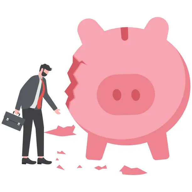 Vector illustration of Debt and loan problem, financial mistake, poverty or bankruptcy concept, depressed businessman with broken piggy bank.