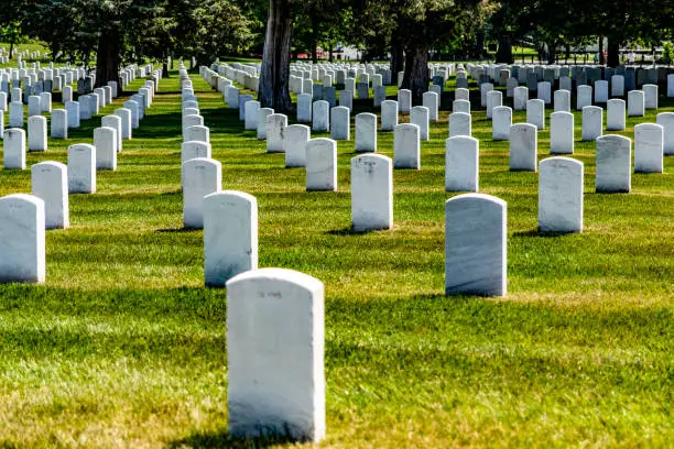 Photo of Rows of graves of soldiers and servicemen buried at Arlington National Military Cemetery, Washington DC, (USA).
