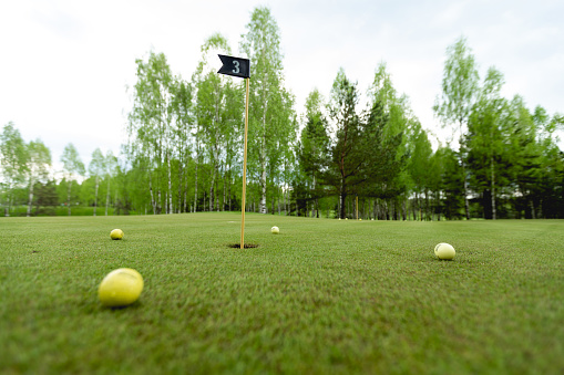 The putter is about to hit the ball. Large copy space on green grass. 3d rendered objects. Simple and clear design.