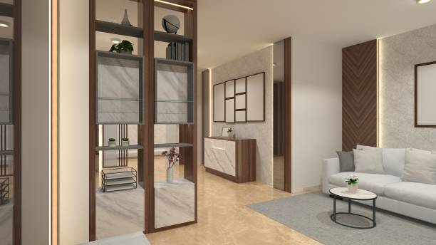istock Modern Living Room Interior Design with Wooden Divider Partition Cabinet 1929269538