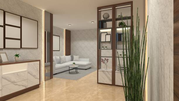 istock Rustic Corridor Idea with Wooden Drawer Cabinet and Divider Partition 1929270054