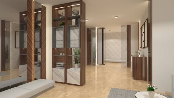 istock Interior Corridor Design with Cushion Bench and Divider Partition 1929270564