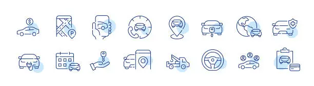 Vector illustration of Set of car rent icons. Call centre support, car locations, calendar and card payment. Pixel perfect, editable stroke