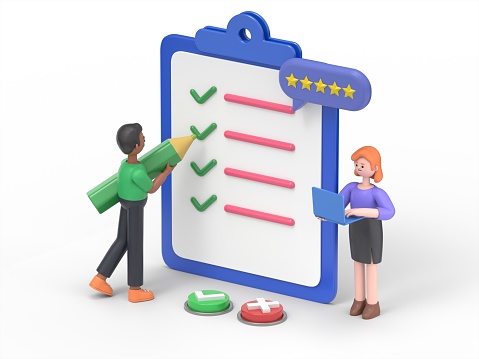 People Characters Filling Test in Customer Survey Form. Woman and Man putting Check Mark on Checklist. Customer Experiences and Satisfaction Concept. Flat Isometric 3d Illustration.