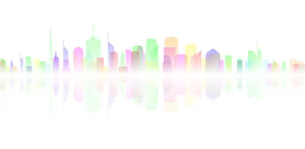 Vector illustration of Colorful cityscape of skyscrapers with reflection