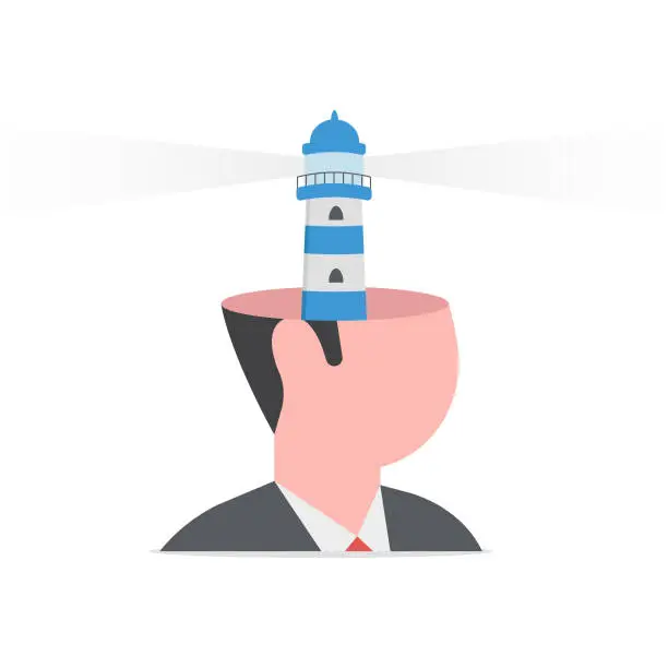 Vector illustration of Vision to see direction, enlightenment or wisdom to discover new knowledge, solution or insight, guidance or searching concept, head with light house shining bright light to see and find guidance.