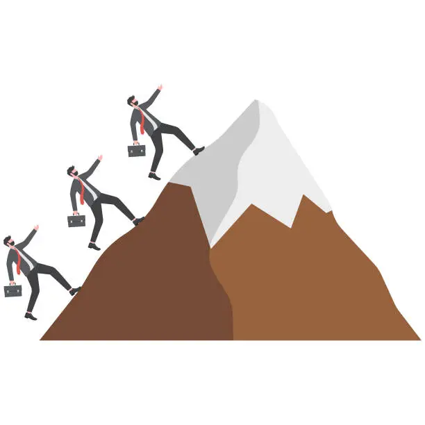Vector illustration of Success business mission, leadership to lead team to achieve goal, challenge or effort to reach target, motivation and teamwork to success, business people team members running to reach mountain peak.