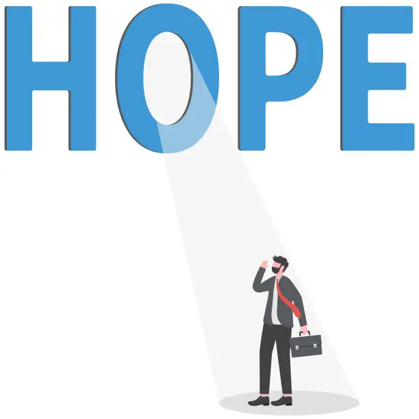 Vector illustration of Hope or faith to success, positive thinking or business challenge, belief or optimistic for better bright future, solution concept, businessman climb up ladder in the dark to see light beam hope.