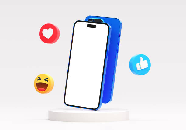 Social network post mockup on a modern mobile phone white screen and reaction icons on a white background in 3D rendering