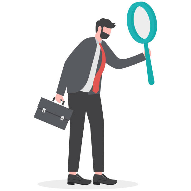 search, discover, analyze report or specialist investigate and research for insight information concept, curiosity guy detective holding huge magnifying glass and thinking about evidence and result. - scrutiny examining finance officer stock-grafiken, -clipart, -cartoons und -symbole