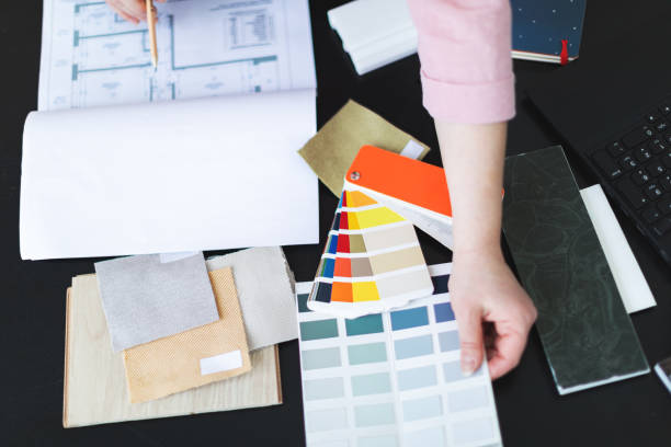 istock Interior designer working with color palettes, textiles and materials 1929415431